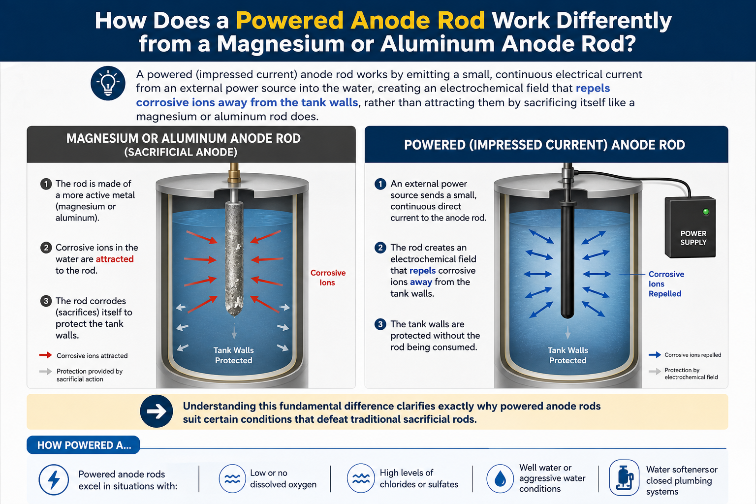 How Does a Powered Anode Rod Work Differently from a Magnesium or Aluminum Anode Rod?