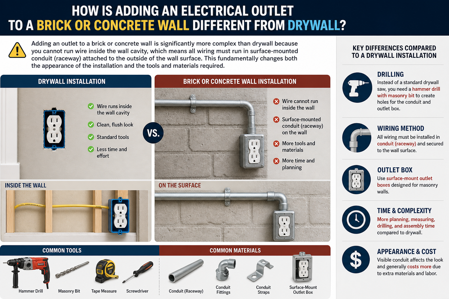 How Is Adding an Electrical Outlet to a Brick or Concrete Wall Different from Drywall?