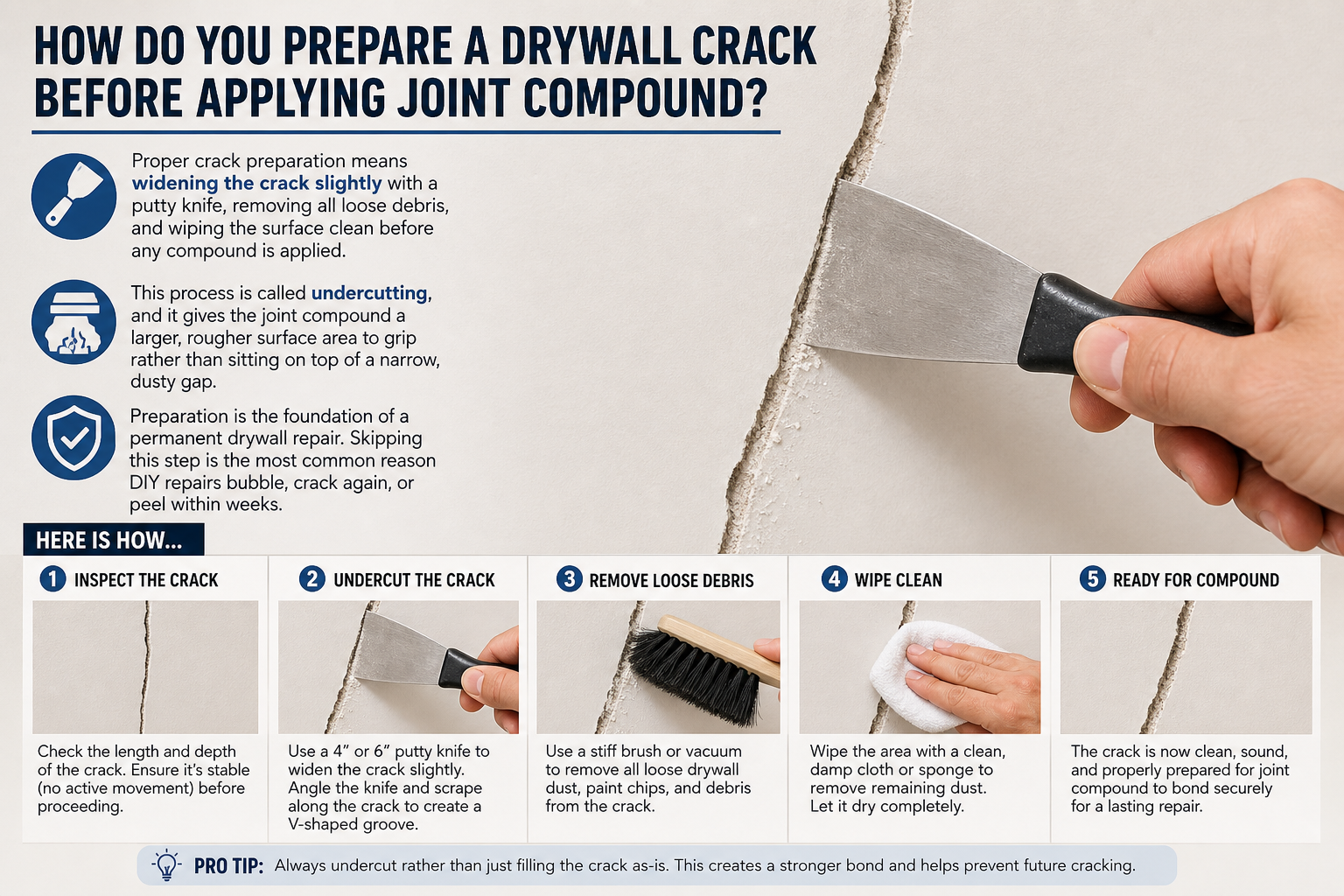 How Do You Prepare a Drywall Crack Before Applying Joint Compound?