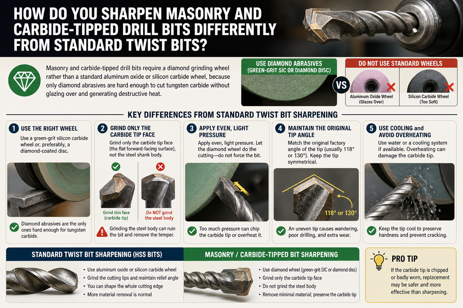 How Do You Sharpen Masonry and Carbide-Tipped Drill Bits Differently from Standard Twist Bits?