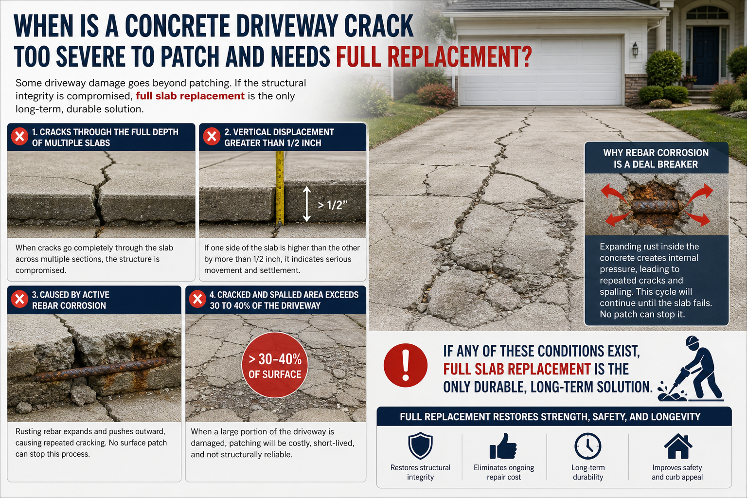 When Is a Concrete Driveway Crack Too Severe to Patch and Needs Full Replacement?