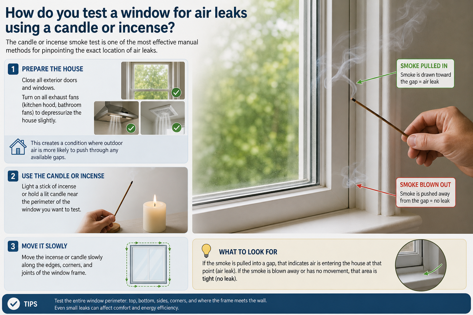 How do you test a window for air leaks using a candle or incense?